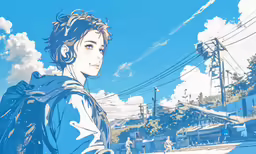 a woman standing on a city street with telephone wires in the background