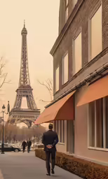 a person that is walking down a sidewalk with a building in the background