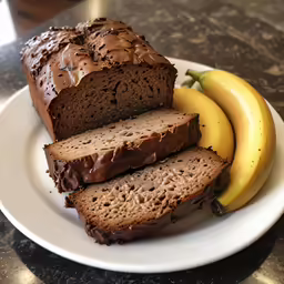 a plate with bread, banana and chocolate frosted cake