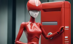 there is a red robot holding onto a red locker