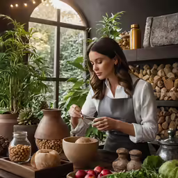 a woman mixing food in a brown bowl with spoons