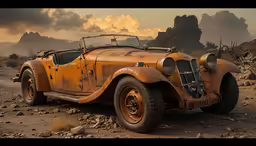 an old and rusty, worn up car on the desert