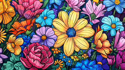 a painting of colorful flowers and butterflies,an image of a bunch of flowers painted on the side of a wall