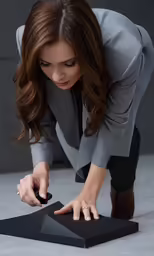 a woman in grey jacket touching an electronic device
