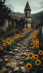 sunflowers are growing outside of an old house