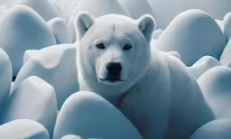 a polar bear surrounded by white, icy rocks