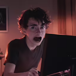 a young boy holding a laptop and making a crazy face