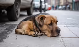 the dog has passed its way up the sidewalk