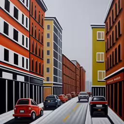 street view of city skyline with cars and buildings in foreground