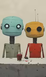 two colorful robots are facing each other
