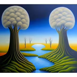 trees with leaves on them are by the water,a painting of two trees and river,the painting is colorful and shows trees near a river,a painting depicting three trees next to a river,this painting depicts three trees and a small creek in a forest