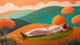 a painting that depicts a man laying down on the ground with a green hill in the background,a painting of a person laying on the ground with their arms spread, on which a backdrop is of trees and mountains
