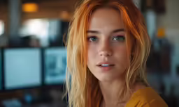 a close - up of a woman with bright blonde hair