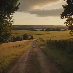 an open field with trees on either side of the dirt road and a small road in front of it