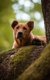 a brown dog laying underneath a tree looking around