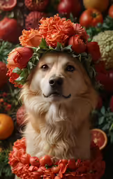 an adorable white dog wearing a wreath of flowers