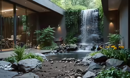 a home is surrounded by rocks and plants