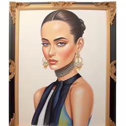 a painting of a woman wearing a blue shirt and some earrings,a woman with two large gold earings on her neck is standing in front of a portrait of herself,painting of an elegant woman wearing large statement earrings,a painting of a woman wearing large earrings,a portrait of a lady wearing high earrings and a blue shirt