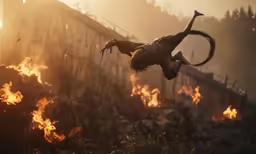 a boy in white shirt flying through the air