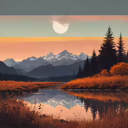 an image of a sunset over a mountain range,a painting of a beautiful, colorful sunset with some very tall pine trees on the edge