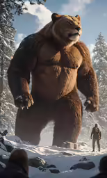 the giant man is standing on a snowy mountain with people looking at it