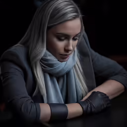 a woman wearing gloves is looking down at her wrist