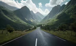 a road passing through mountains surrounded by green foliage