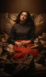 a woman laying on top of a bed with lots of clothes