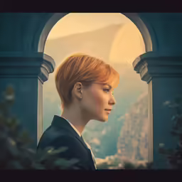 an asian woman with a hairdo standing outside