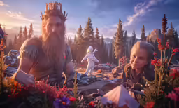 a little boy is sitting near a man in a crown
