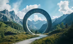 a man stands on the side of a winding mountain road in front of a massive sculpture