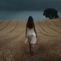 the woman in a white dress is walking through an empty field