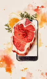 the phone has a piece of meat on it