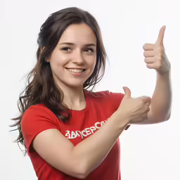 a young woman in red shirt posing for a photo