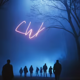 a group of people stand around while people stand in front of some trees