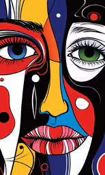 a painting of faces with different colored spots and black background