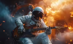 an astronaut in white playing guitar by fire