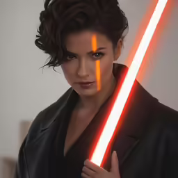 a woman holding a light saber in her right hand