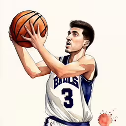 drawing of a man reaching for a basketball with a watercole look,a man holding a basketball with his right hand on top of it,an artist drawing a basketball player with watercolor paint,a painting of a basketball player about to dunk the ball,the basketball player is taking a shot with his ball