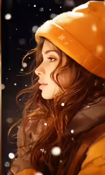 a girl in yellow jacket and hat looking at the snow