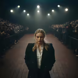 a woman stands in front of an audience as the stage goes down