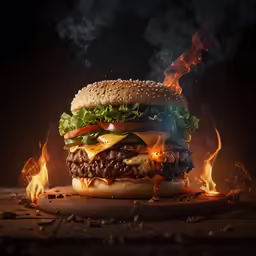 a fire burning through the dark surface of a burger