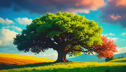 two trees stand in the middle of a large field,the painting depicts two large trees on the grassy hill