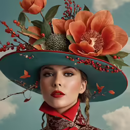 woman in green hat with flowers over her face