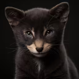 an adorable black and brown kitten with blue eyes