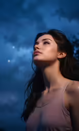 a beautiful young lady in the evening looking up at the sky