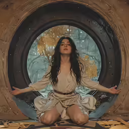 a woman meditating with her hands outstretched in front of a large round window