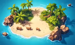 an animated island with several trees on it and sand beach
