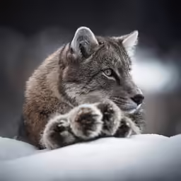 a wild animal with its paws extended on the snow