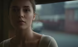 a woman looking out the window, staring at something